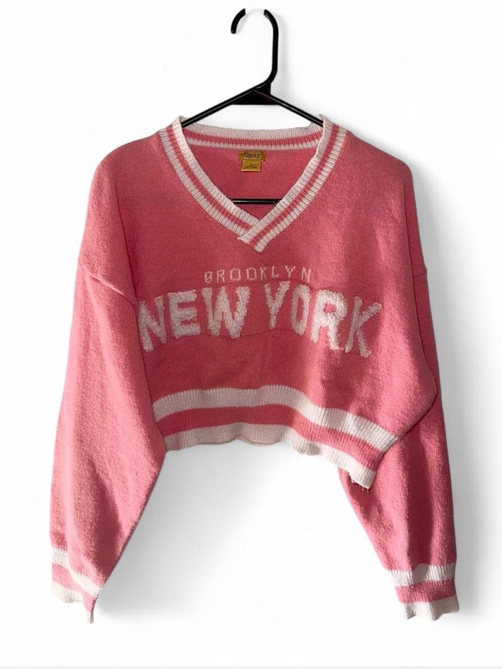 Y2K Inspired Daisy Pink Cropped V-Neck Sweater with White Varsity Lettering